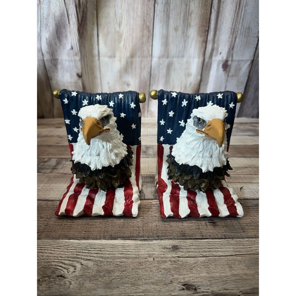 Patriotic Bald Eagle American Flag Bookends USA Stars Stripes Resin Book End Set